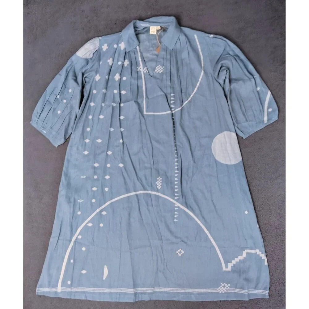 NWT World of Crow Relaxed Fit Midi-Dress Blue Sz (L) Oversize Lagenlook Coastal - Picture 2 of 11